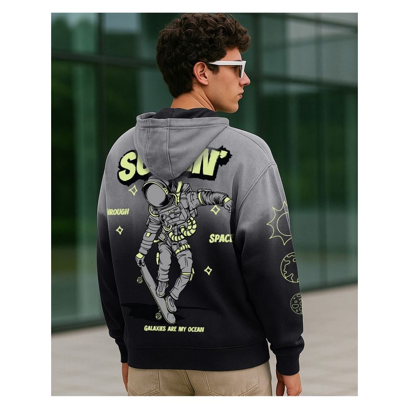 Bewakoof Men Black Super Surfer Ombre Graphic Printed Oversized Hoodies (L)