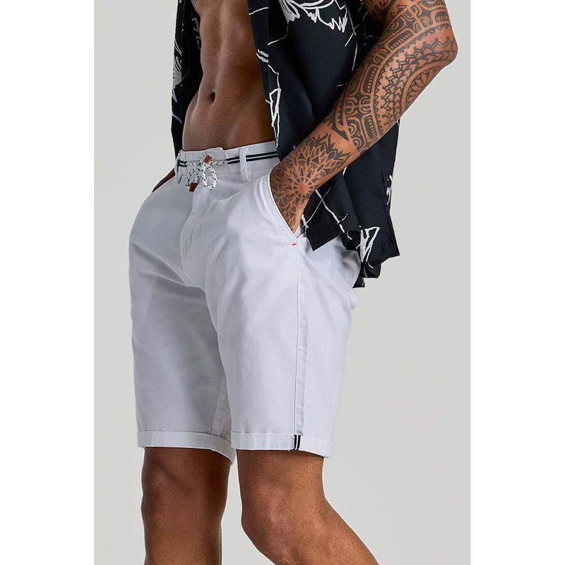 Snitch White Plain Linen Regular Fit Shorts (34)