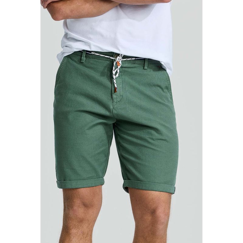 Snitch Green Plain Linen Regular Fit Shorts (32)