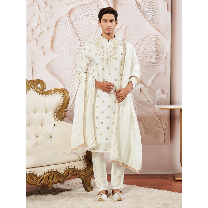 Vastramay Mens Tissue Silk White Floral Embroidered Kurta with Pyjama & Dupatta (Set of 3) (L)