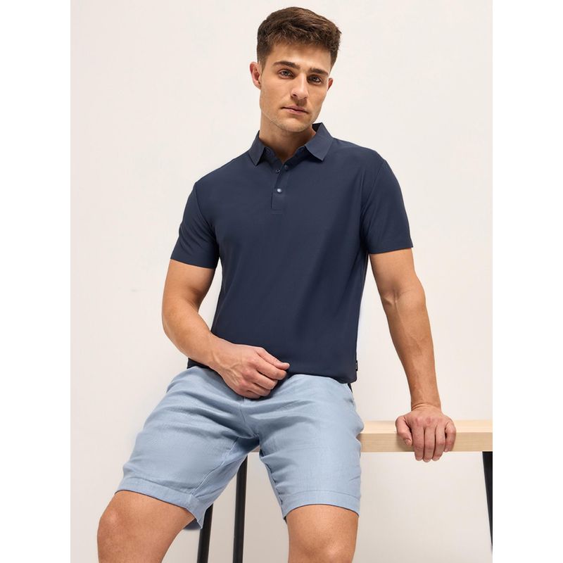 THE BEAR HOUSE Navy Blue Men Solid Slim Fit Performance Polo T-Shirt (XL)