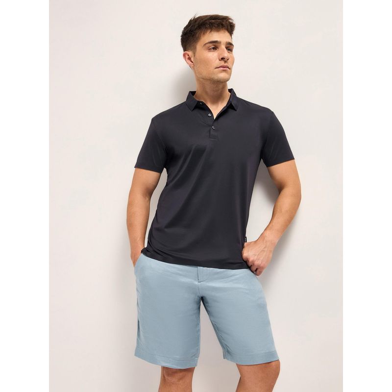 THE BEAR HOUSE Navy Blue Men Solid Slim Fit Performance Polo T-Shirt (S)