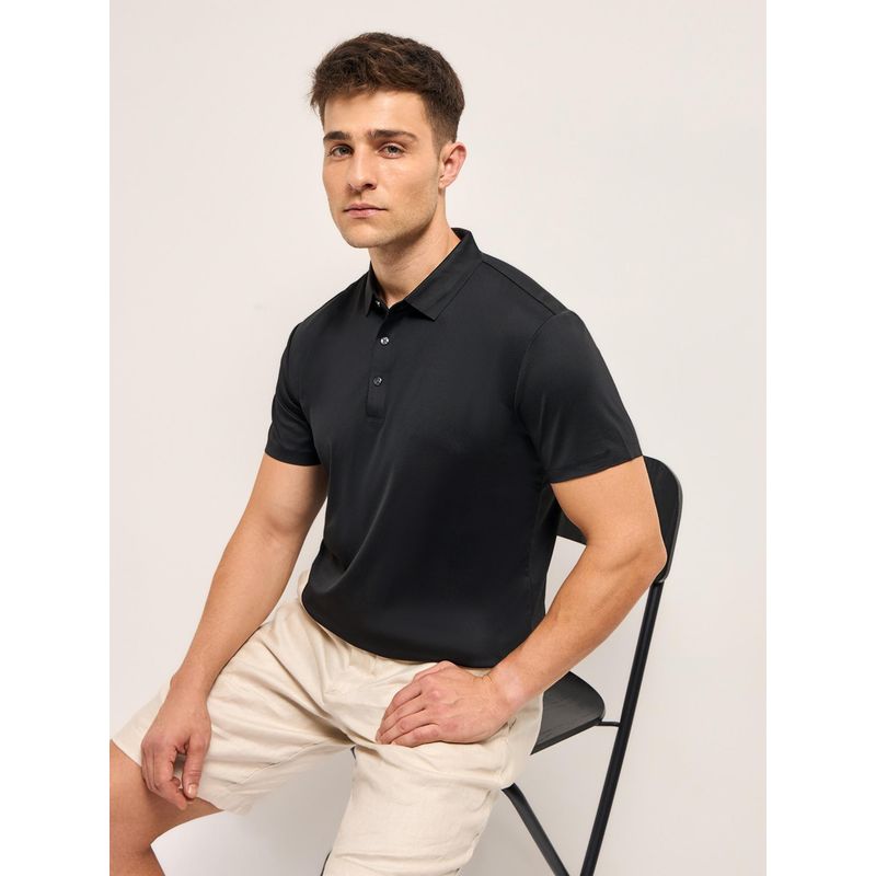 THE BEAR HOUSE Black Men Solid Slim Fit Performance Polo T-Shirt (S)