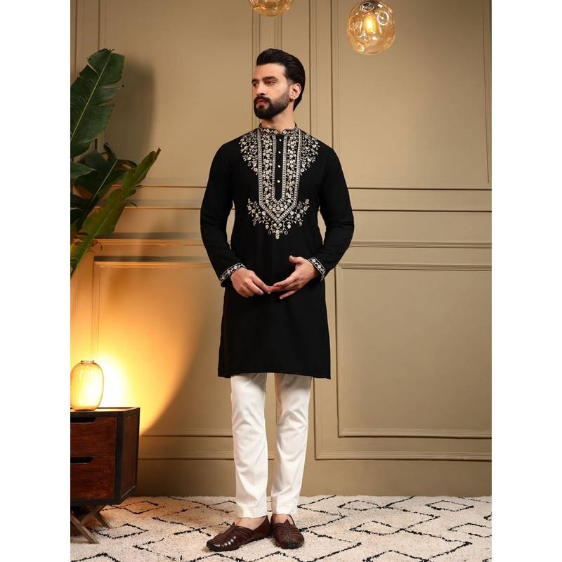 Odette Black Silk Blend Embroidered Kurta with Pyjama For Men (42)