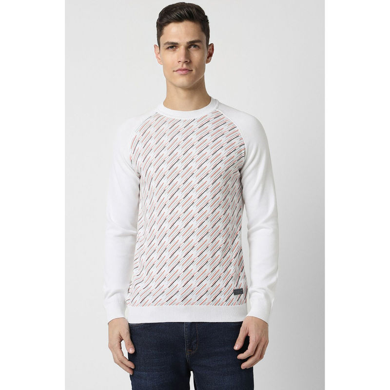 Peter England Men White Print Round Crew Neck Sweatshirt (L)