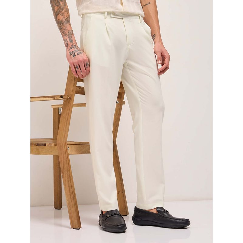 THE BEAR HOUSE Men's Fit Cream Solid Formal Trouser (28)
