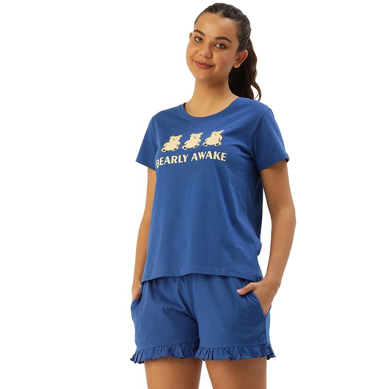Slumber Jill Teddy Bear Print T-Shirt & Shorts Set In Royal Blue (L)