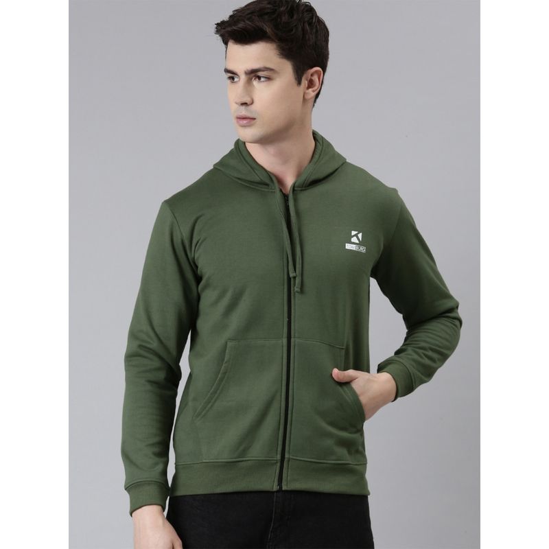 TOM BURG Men Olive Solid Zipped Hoodie (S)