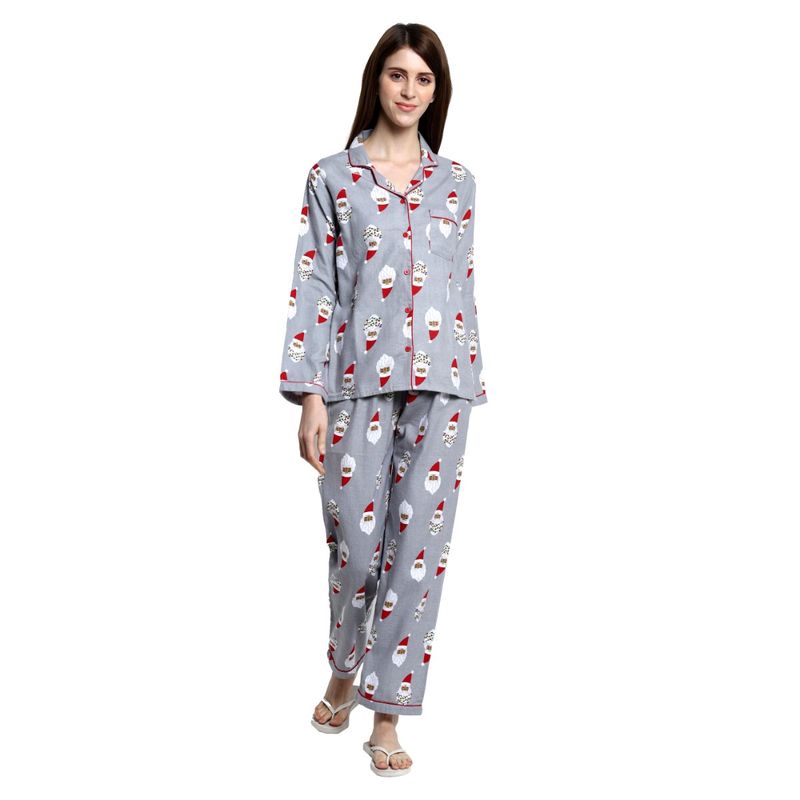 Shopbloom Premium Cotton-Flannel Print Long Sleeve Women's Night Suit | Lounge Wear - Grey (XS)