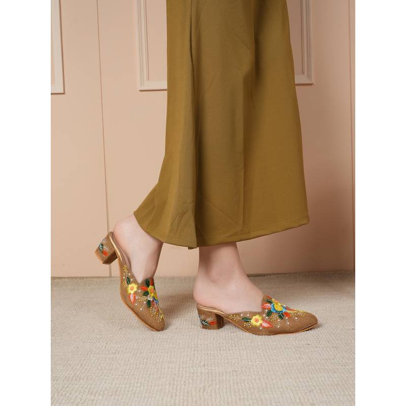 MOZAFIA Women Gold Mules Heels (EURO 37)