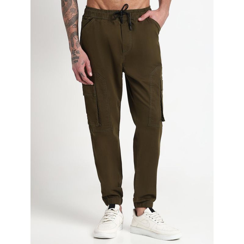 SHOWOFF Men Olive Cotton Solid Regular Fit Joggers (42)