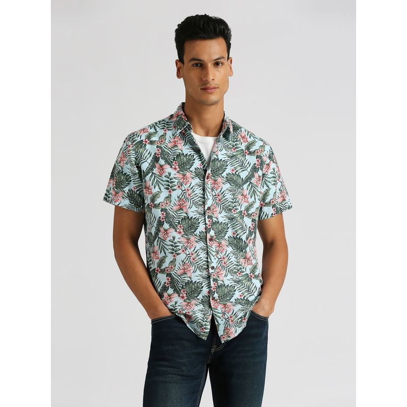 Pepe Jeans Blue Iker Floral Printed Cotton Linen Shirt (S)