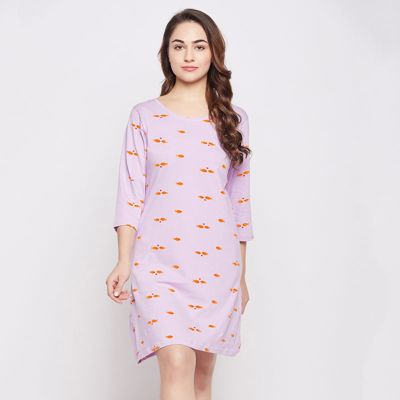 Clovia Pretty Printed Short Night Dress - 100 Percent Cotton -Purple (M)