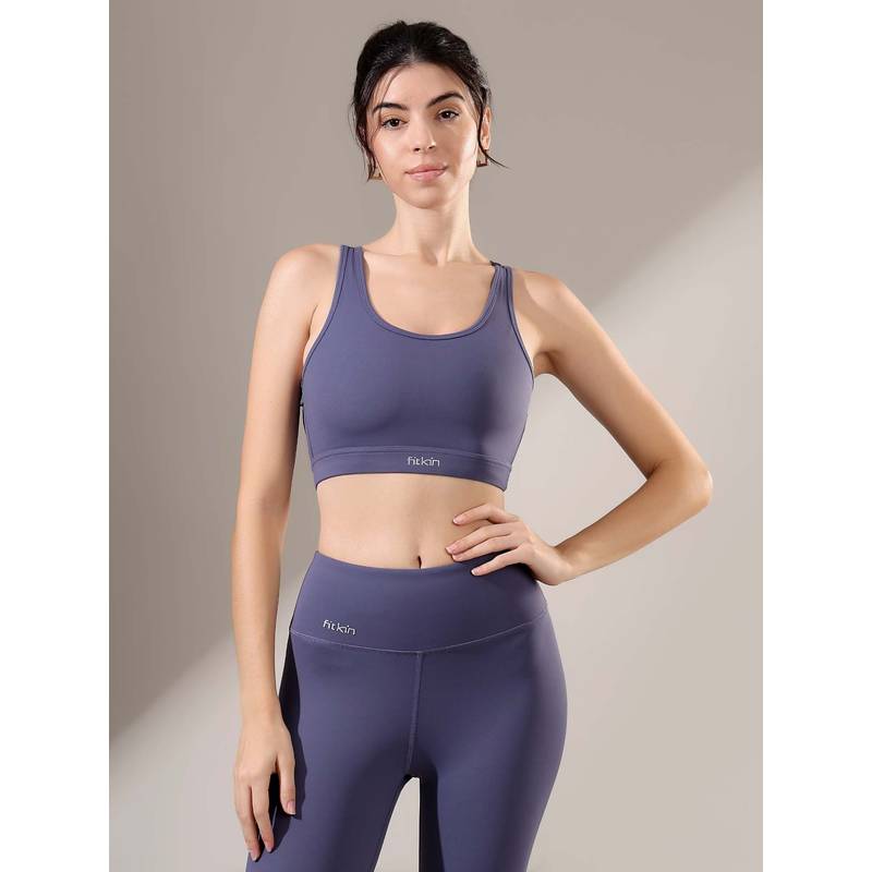 Fitkin Women's Blue Solid Activewear Sports Bra (L)