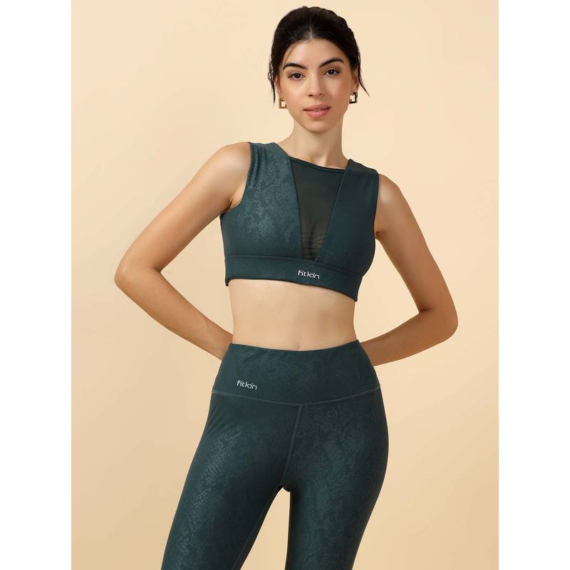 Fitkin Women's Teal Snake Print Activewear Sports Bra (L)