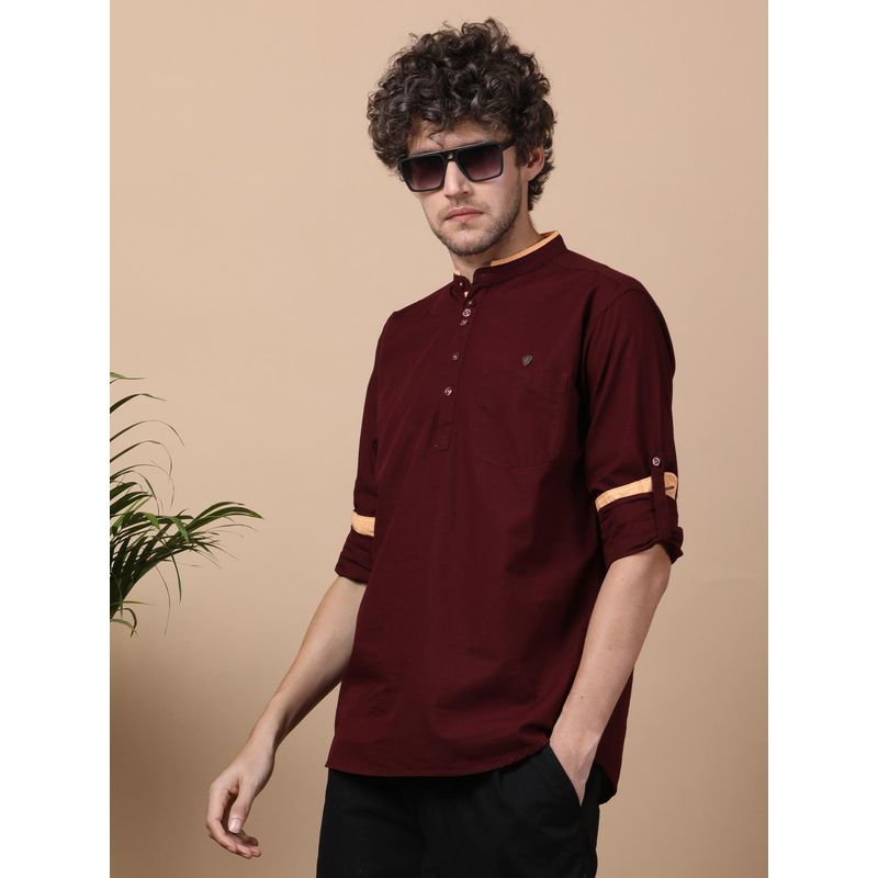 KUONS AVENUE Men's Linen Cotton Maroon Casual Short Kurta (M)