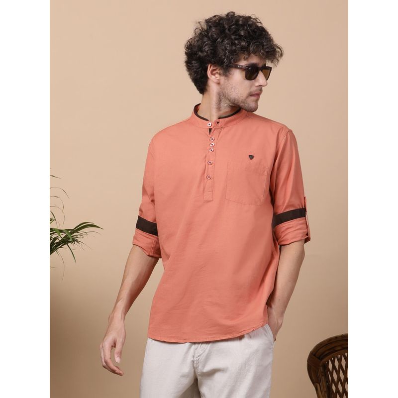 KUONS AVENUE Men's Linen Cotton Peach Casual Short Kurta (L)