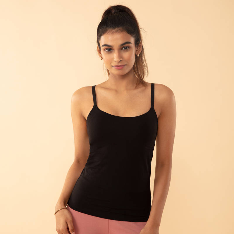 Nykd By Nykaa Breathable Stretch Cotton Bramisole - In-Built Bra Camisole NYC003-Black (XL)