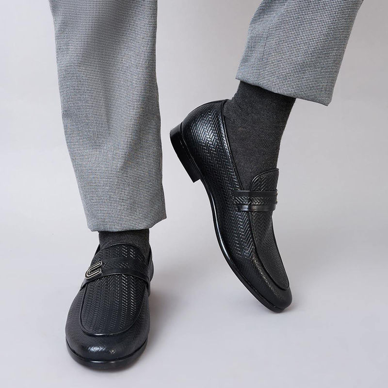 Imperio Black Mens Textured Leather Buckled Slip Ons Formal Shoes (UK 6)