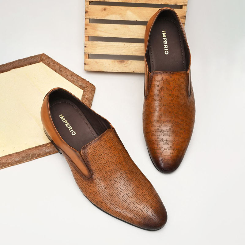 Imperio Tan Mens Textured Leather Slip Ons Formal Shoes (UK 8)