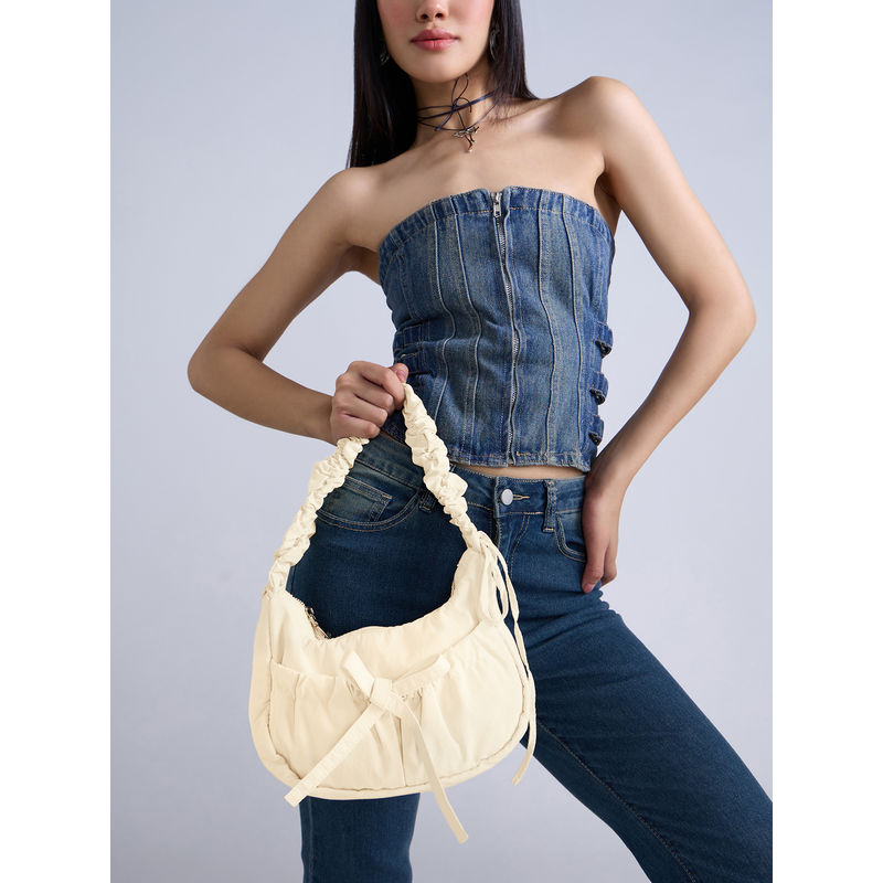 MIXT by Nykaa Fashion White Adjustable Handle Shoulder Bag with Ruffles and  Bow for Women