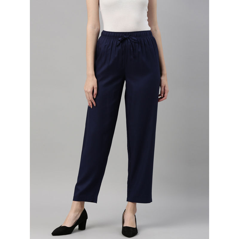 Go Colors Women Solid Viscose Mid Rise Casual Pants - Navy Blue (XXL)