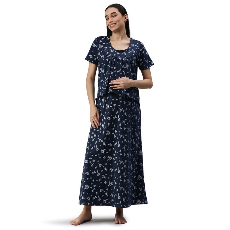 Nejo Feeding - Nursing Maternity Full Length Night Dress - Navy Blue (M)