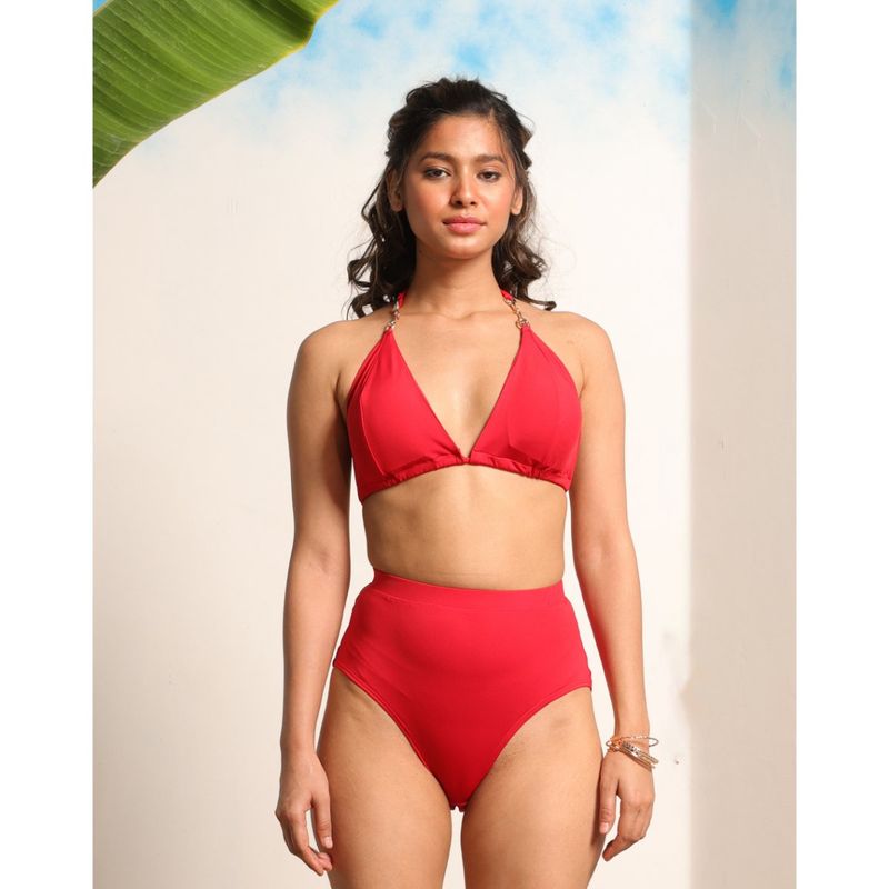 AOBA Women Red Solid Bikini Swim Top & Bottom (Set of 2) (S)