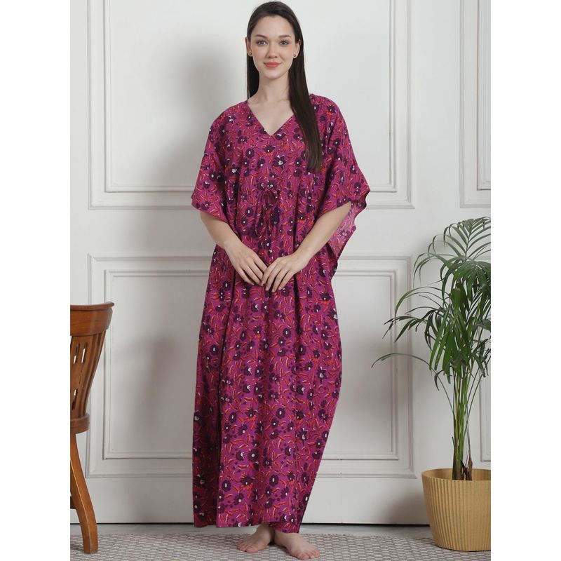Buy Secret Wish Floral Print Purple Cotton Kaftan Nighty Online