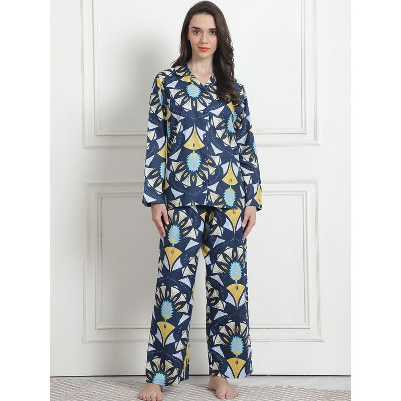 Secret Wish Printed Blue Cotton Night Suit (Set of 2) (M)