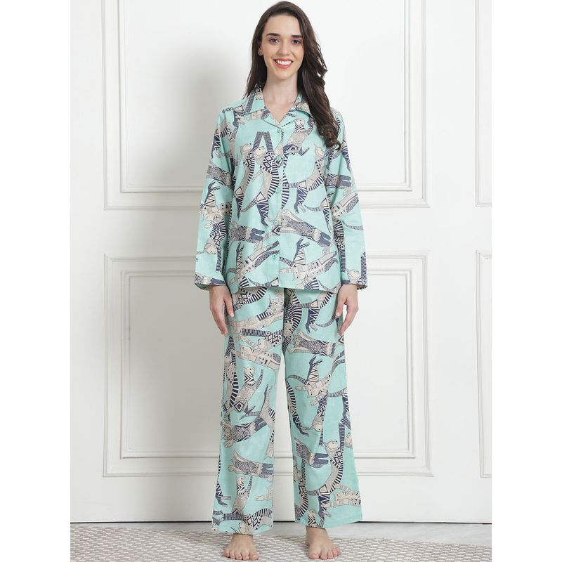 Secret Wish Printed Sea Green Cotton Night Suit (Set of 2) (S)
