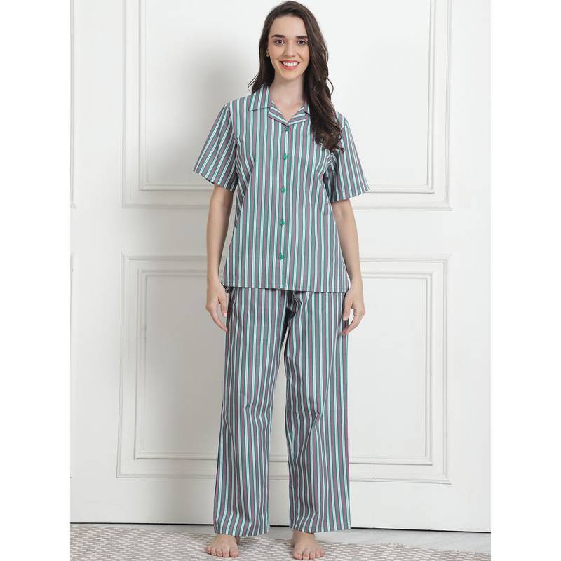 Secret Wish Striped Green Cotton Night Suit (Set of 2) (M)