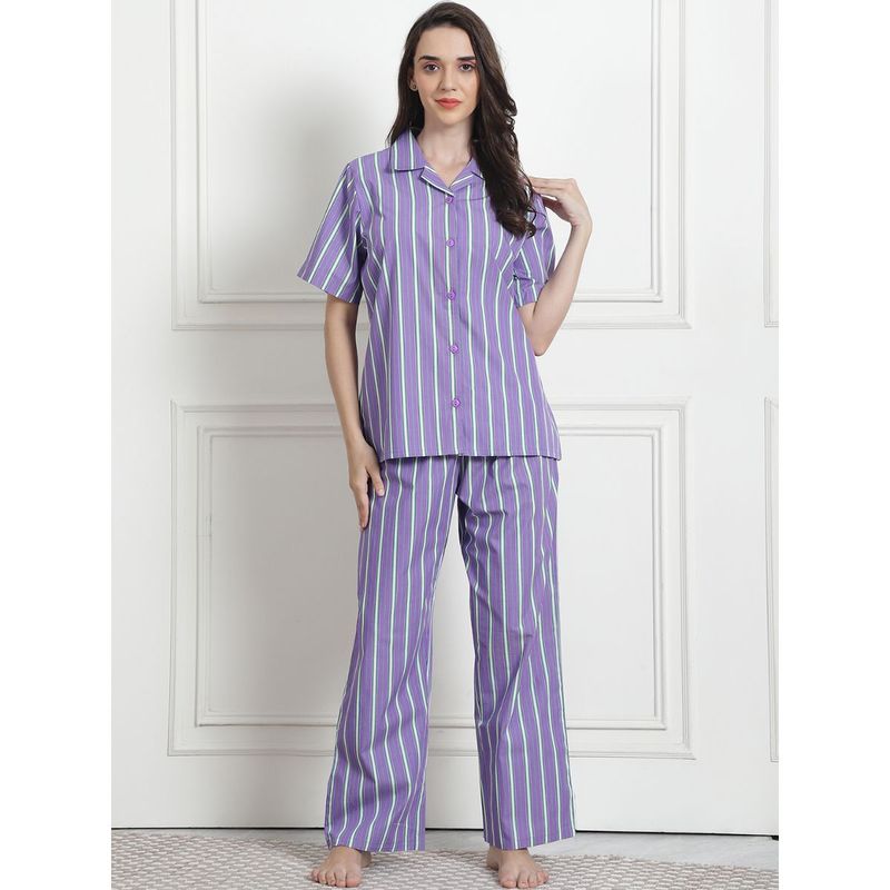 Secret Wish Striped Lilac Cotton Night Suit (Set of 2) (M)