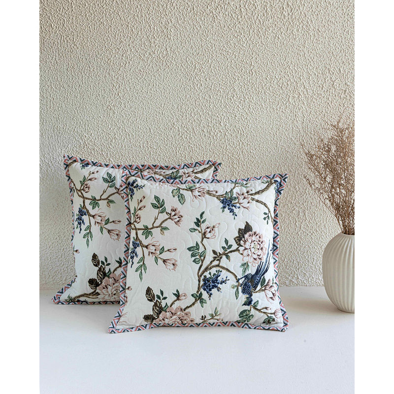 The Home Story Vibrant Florals Cotton Quilted Decorative Cushion Covers (Pack Of 2) (18X18)