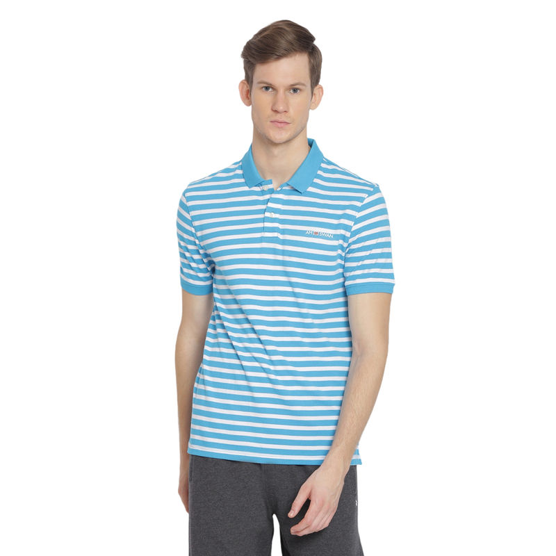 AM SWAN Mens Stripes Blue-Hawaiian Ocean Polo T-Shirt (M)