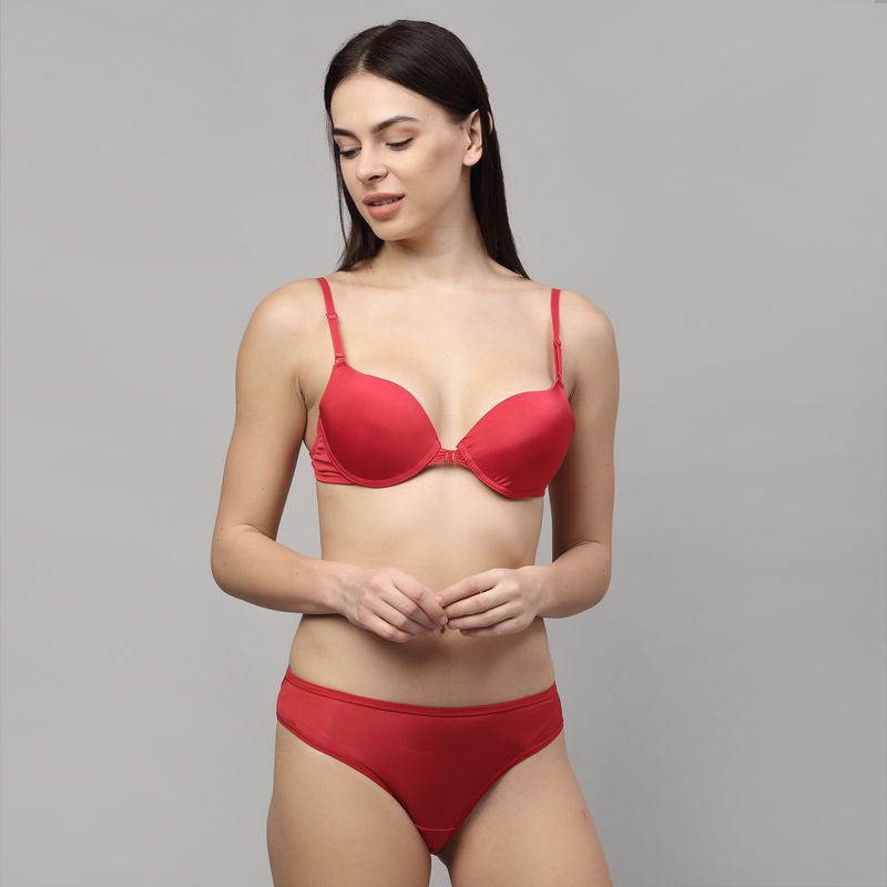 PrettyCat Perfect Front Closure Pushup Bra Panty Set - Red (30B)