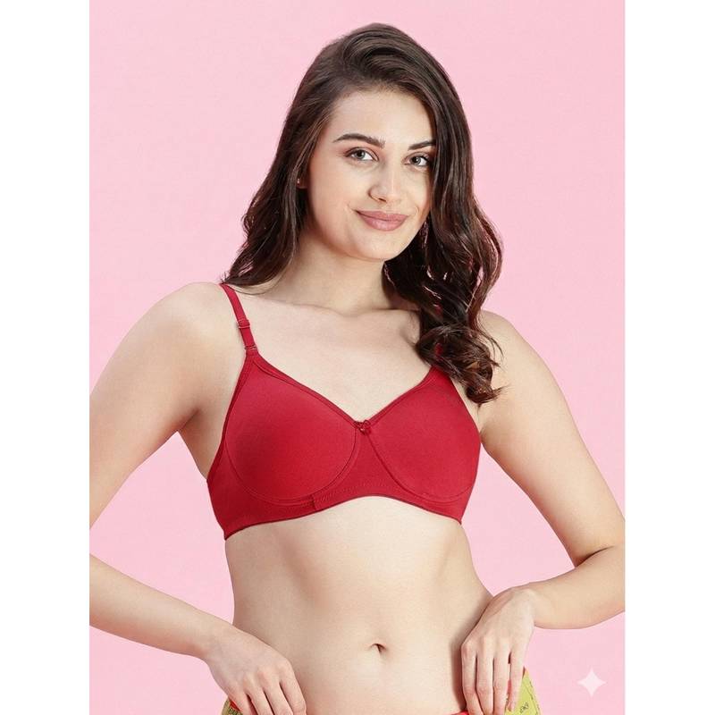 Groversons Paris Beauty Womens Red Full Coverage Wire-Free Moulded Cups Cotton Blend Solid Bra (30B)