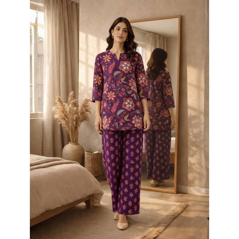 FEATHERS CLOSET Womens Purple Peony Pure Cotton Round Neck Tunic & Pant (S/M)