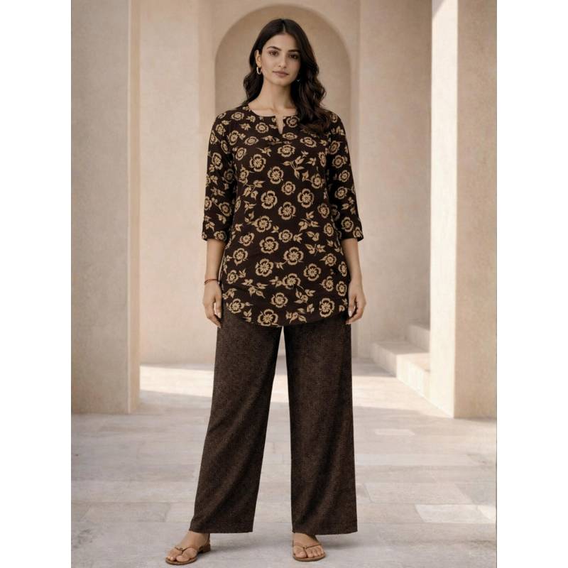 FEATHERS CLOSET Womens Brown Moonlit Pure Cotton Round Neck Tunic & Pant (S/M)