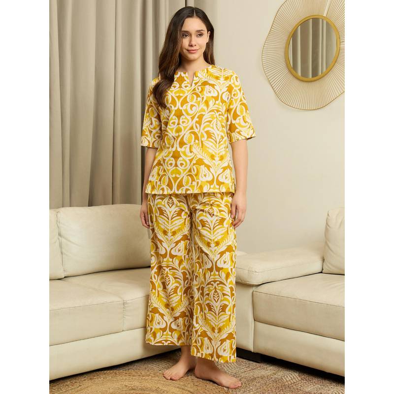 July Nightwear Womens Cotton Yellow Short Kurti with Pajama (S)