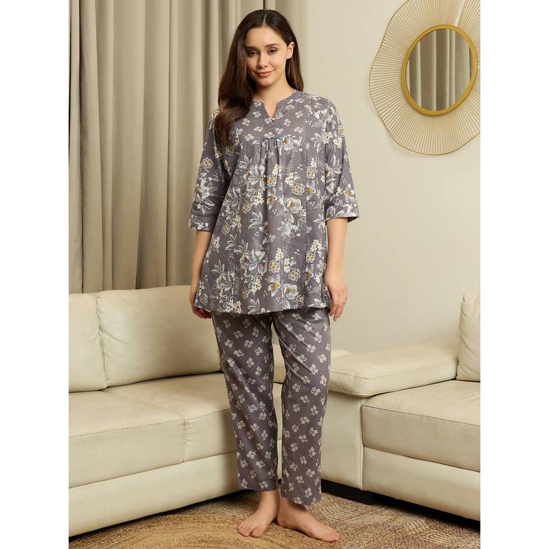 July Nightwear Womens Cotton Grey Long Kurti with Pajama (S)