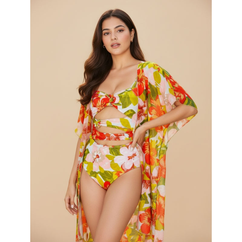 WomanLikeU Floral Monokini With Coverup - Multi-Color (Set of 2) (XL)