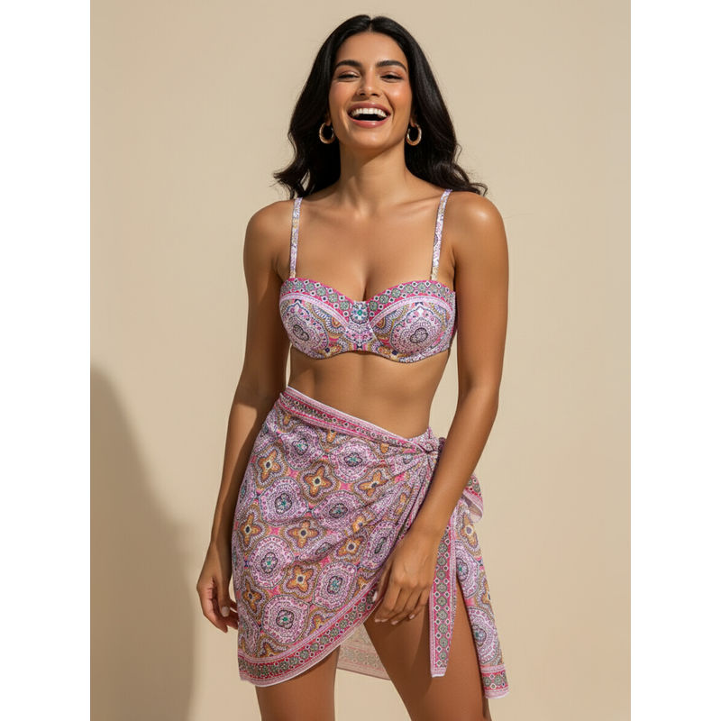 WomanLikeU Pink Printed Bikini Top and Bottom with Sarong (Set of 3) (L)