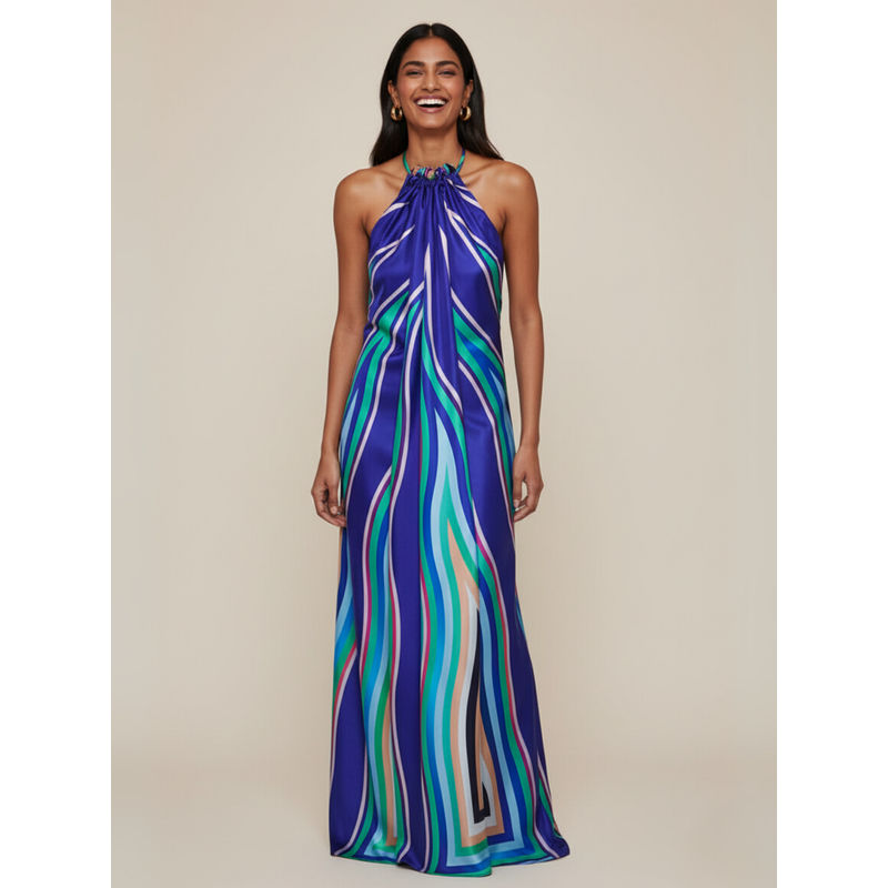 WomanLikeU Blue Azure Waves Print Halter-Neck Maxi Dress (L)