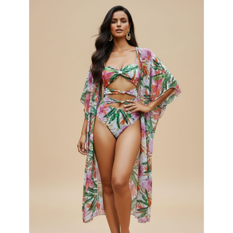 WomanLikeU Tropical Cut Out Printed Monokini with Cover-Up (XL)