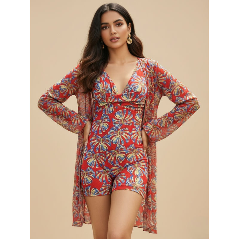 WomanLikeU Red Printed Monokini with Shrug (S)