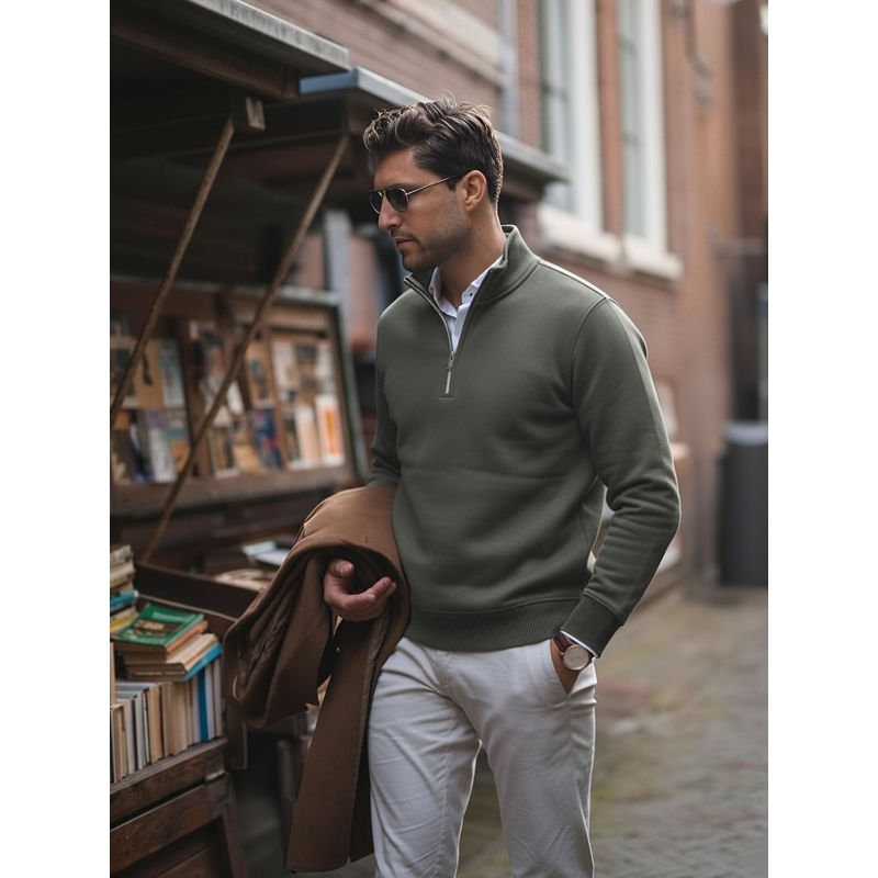 Fitkin Men High Neck Active Ease Olive Sweatshirt (S)