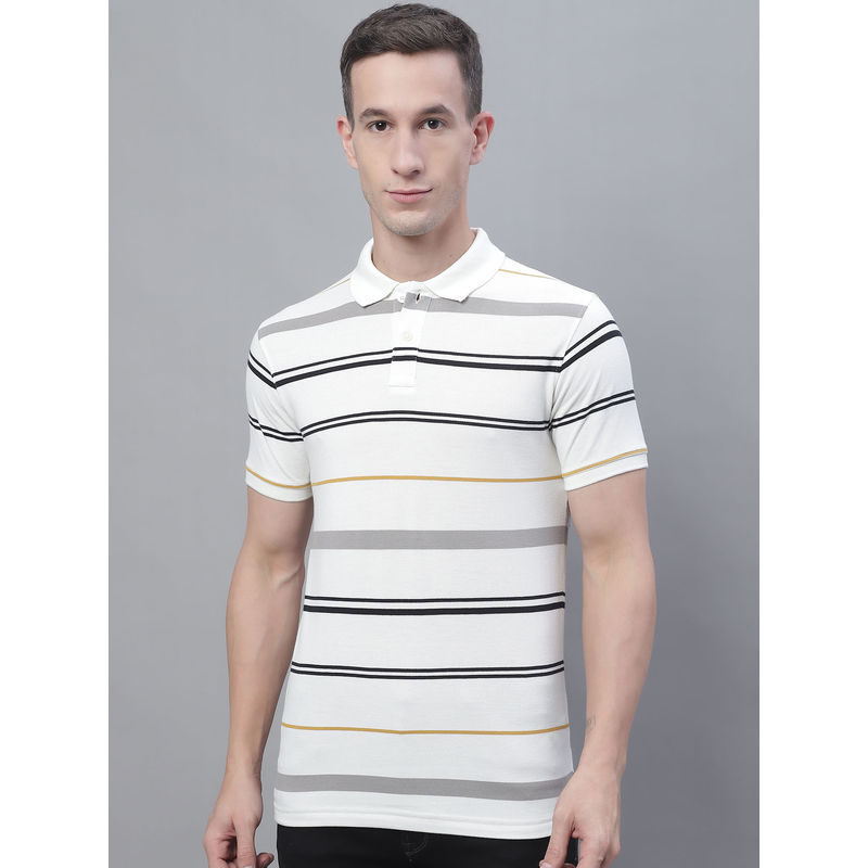 Cantabil Mens Stripes Off White Polo T-Shirt (M)