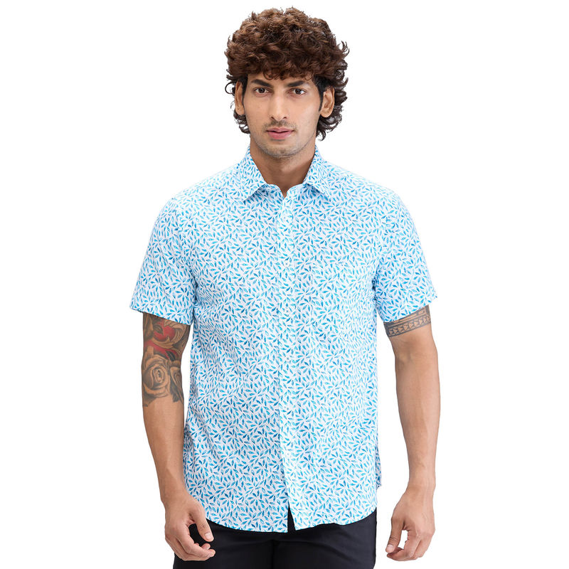 ColorPlus Tailored Fit Casual Shirt Half Sleeves Collar Neck Printed Aqua (39)