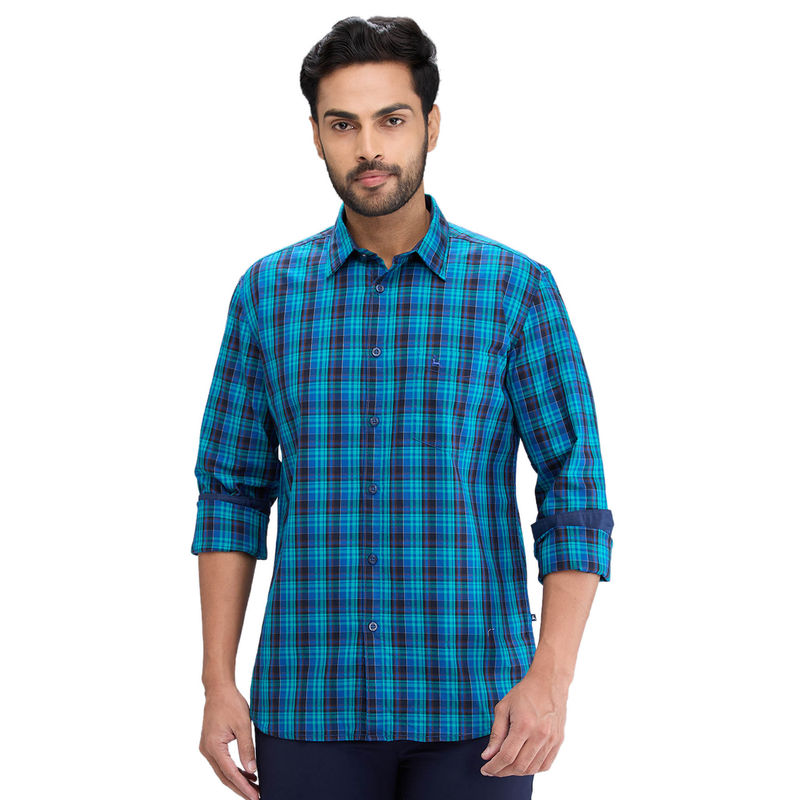 Parx Slim Fit Casual Shirt Full Sleeves Collar Neck Checks Blue & Navy Blue (46)